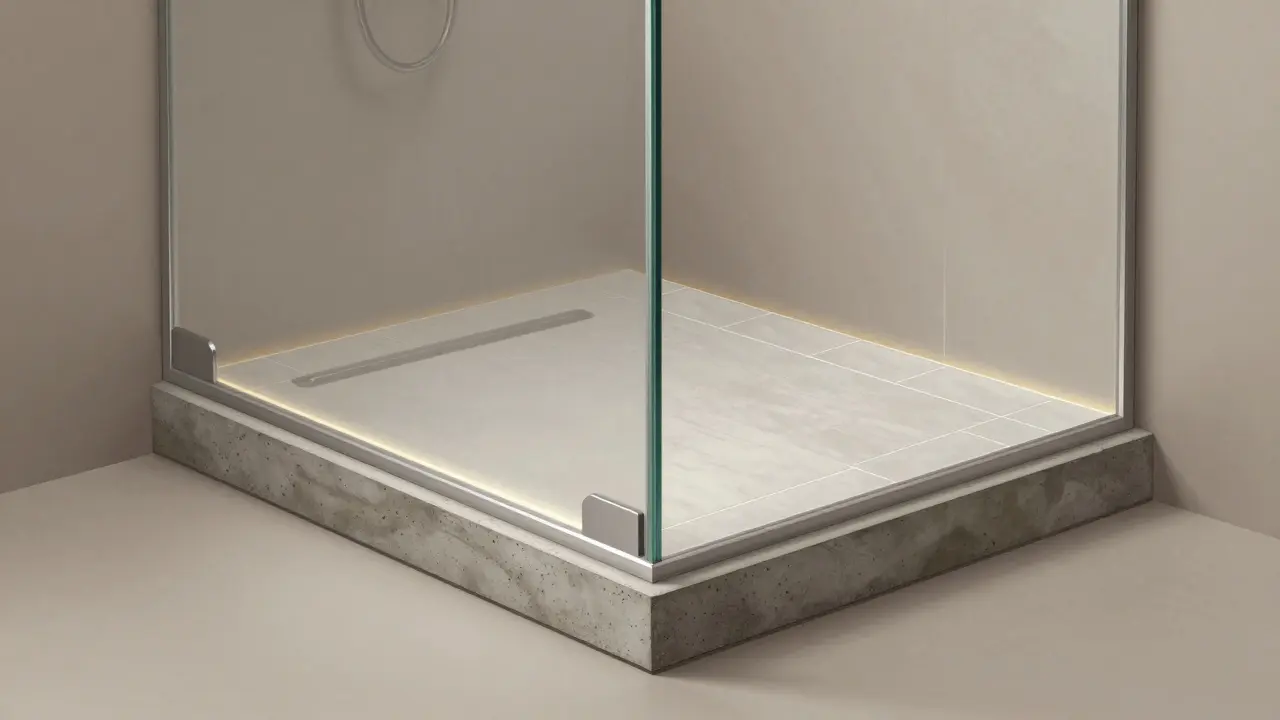 Querschnitt einer bodengleichen Dusche mit sichtbaren Schichten: Estrich, Abdichtung, Duschelement und Fliesen, betont die technische Präzision.