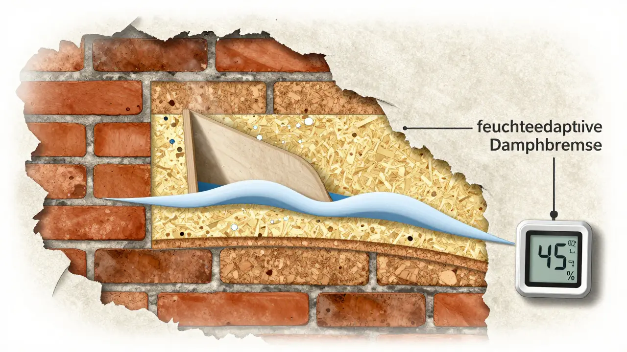 Querschnitt einer Wand mit diffusionsoffenen Dämmplatten, die Feuchtigkeit regulieren.