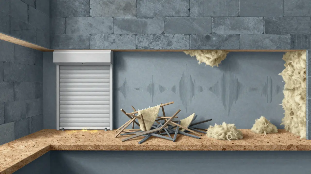 Querschnitt eines Hauses mit drei Schichten Schallschutz: Mauer, Luftspalt und schwimmender Estrich mit Kork.