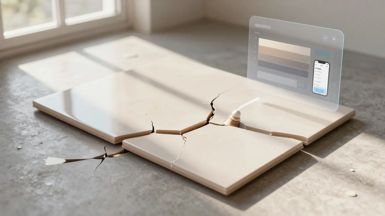 Reparierter Fliesenriss mit farblich passendem Füllmaterial, umgeben von Before-After-Darstellungen.