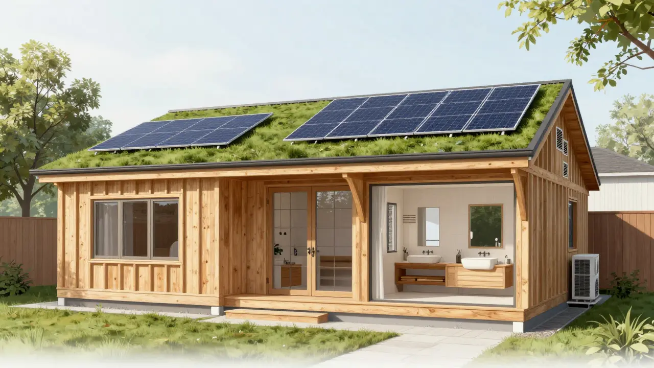 Sanierter 70er-Jahre-Bungalow mit moderner Holztafelbauweise, grünem Dach und Photovoltaik, im Vergleich zum alten Zustand.