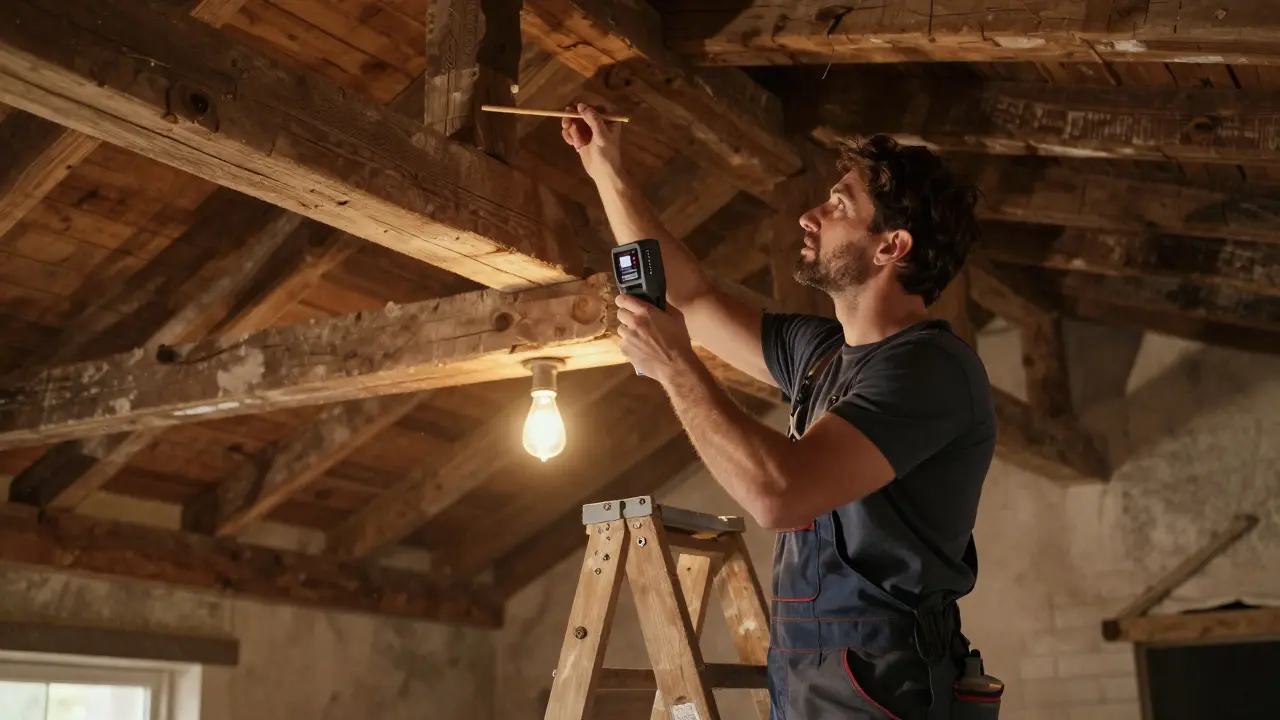 Schädlingsfachmann mit Wärmebildkamera untersucht alte Holzkonstruktion im Dachstuhl.