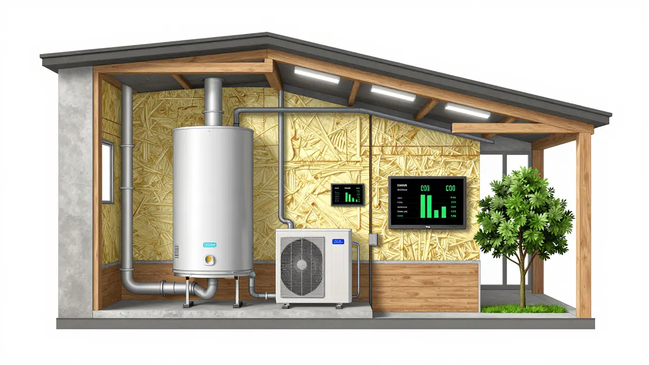 Schnittansicht eines modernisierten Gebäudes mit Wärmepumpe, Dämmung und Holzkonstruktionen.
