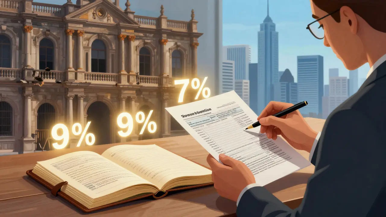 Steuerberater analysiert Abschreibungspläne für eine Denkmalschutz-Immobilie mit visuellen Depreciation-Daten.