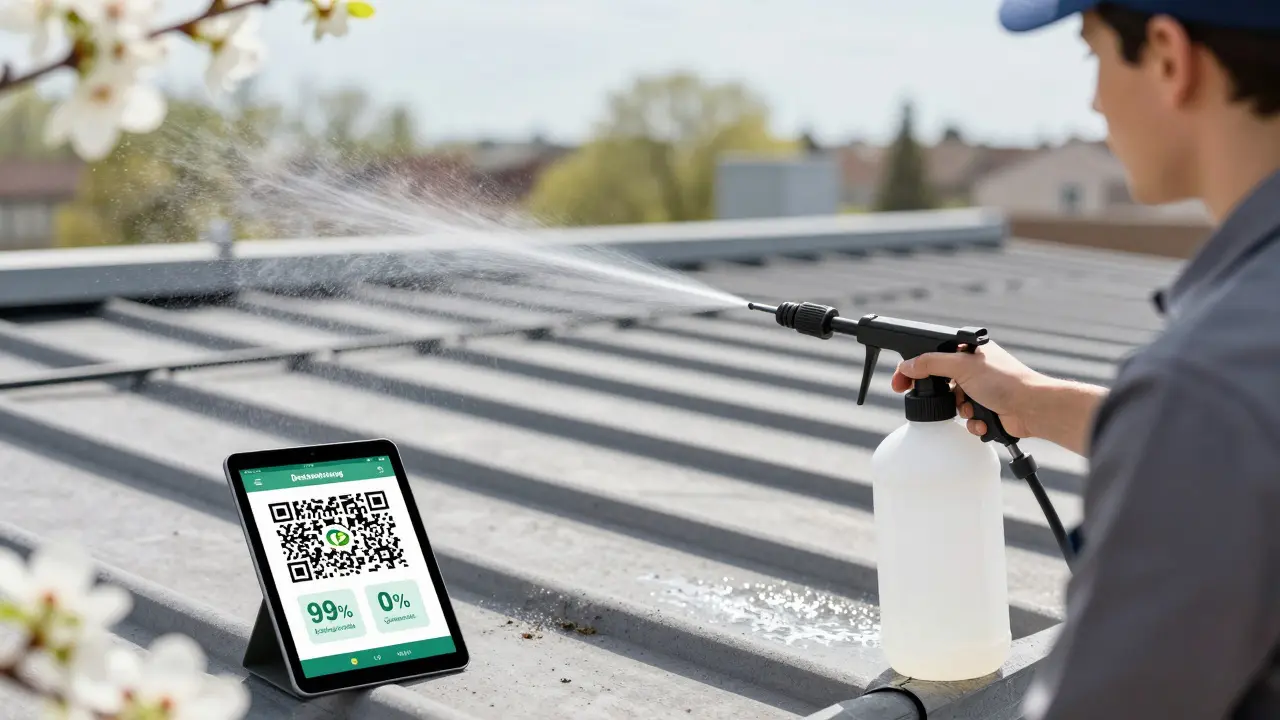 Techniker behandelt Dach mit umweltfreundlicher enzymatischer Lösung bei mildem Frühlingswetter.