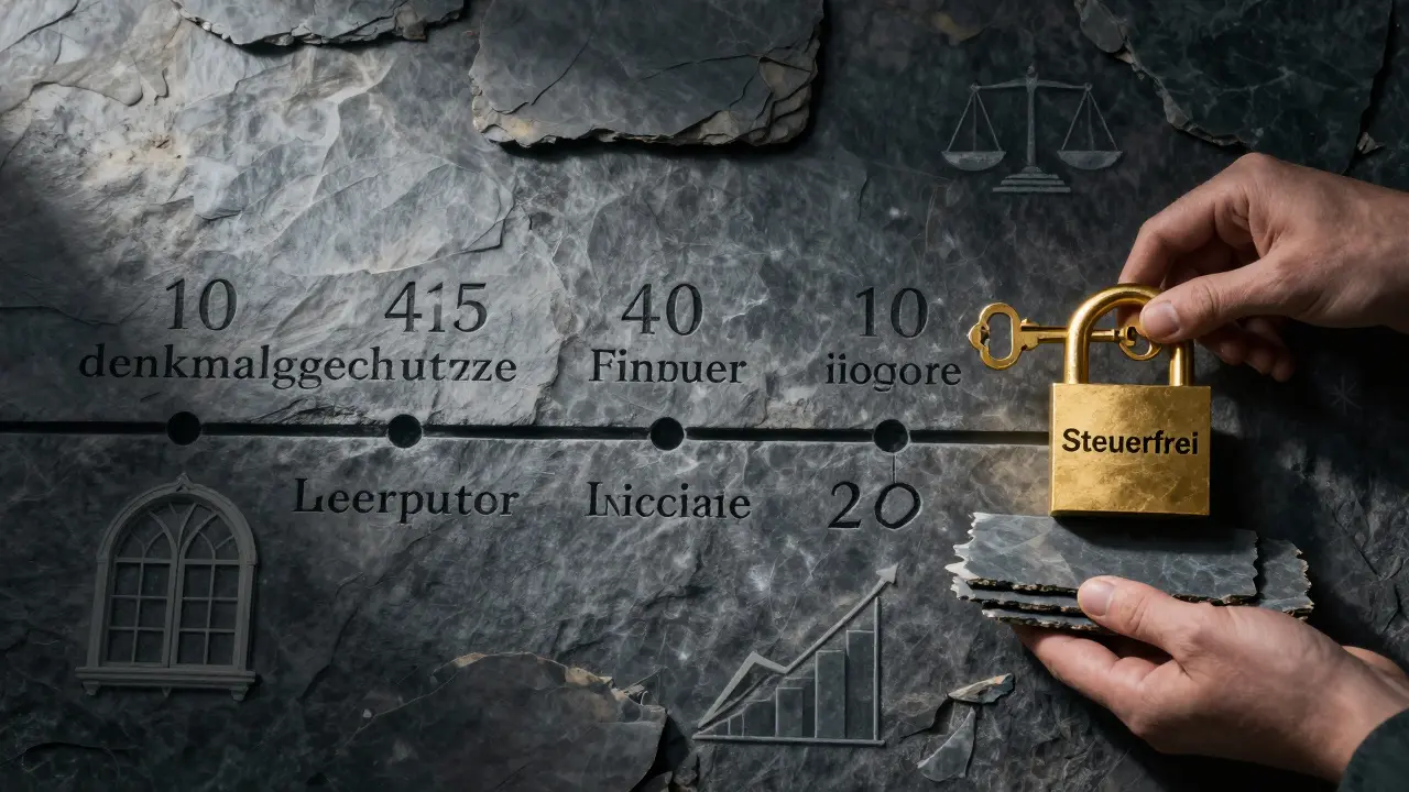 Timeline aus Stein zeigt den Weg einer denkmalgeschützten Immobilie von Kauf bis steuerfreiem Verkauf nach 10 Jahren.