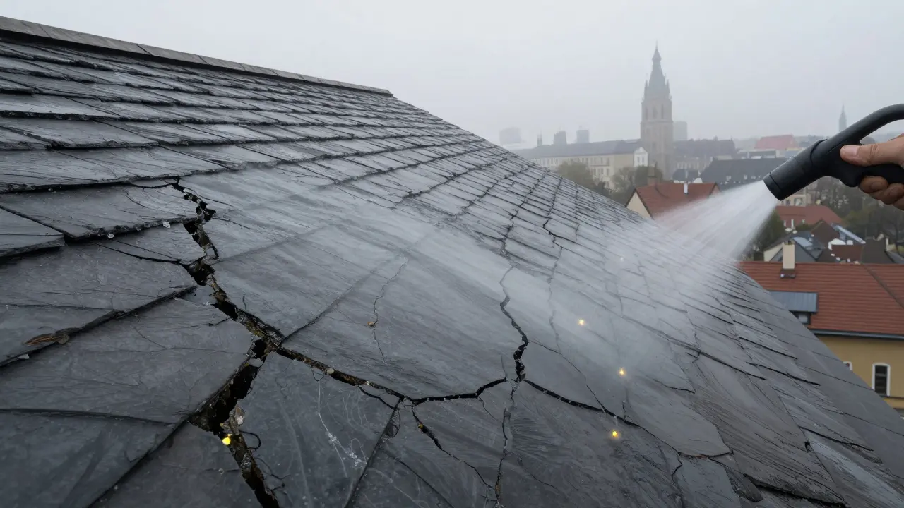 Vergleich: beschädigtes Schieferdach durch Hochdruckreinigung vs. intaktes Dach nach biologischer Reinigung.