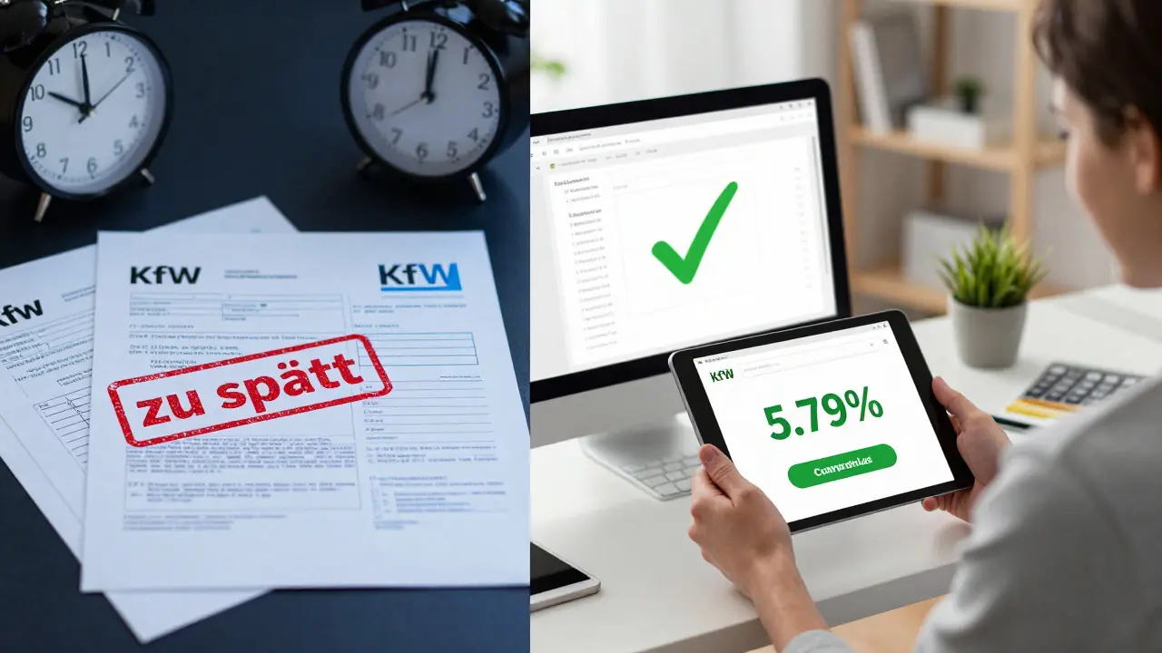 Vergleich: chaotische, verspätete KfW-Antragstellung vs. digitale, erfolgreiche Beantragung mit niedrigem Zinssatz.