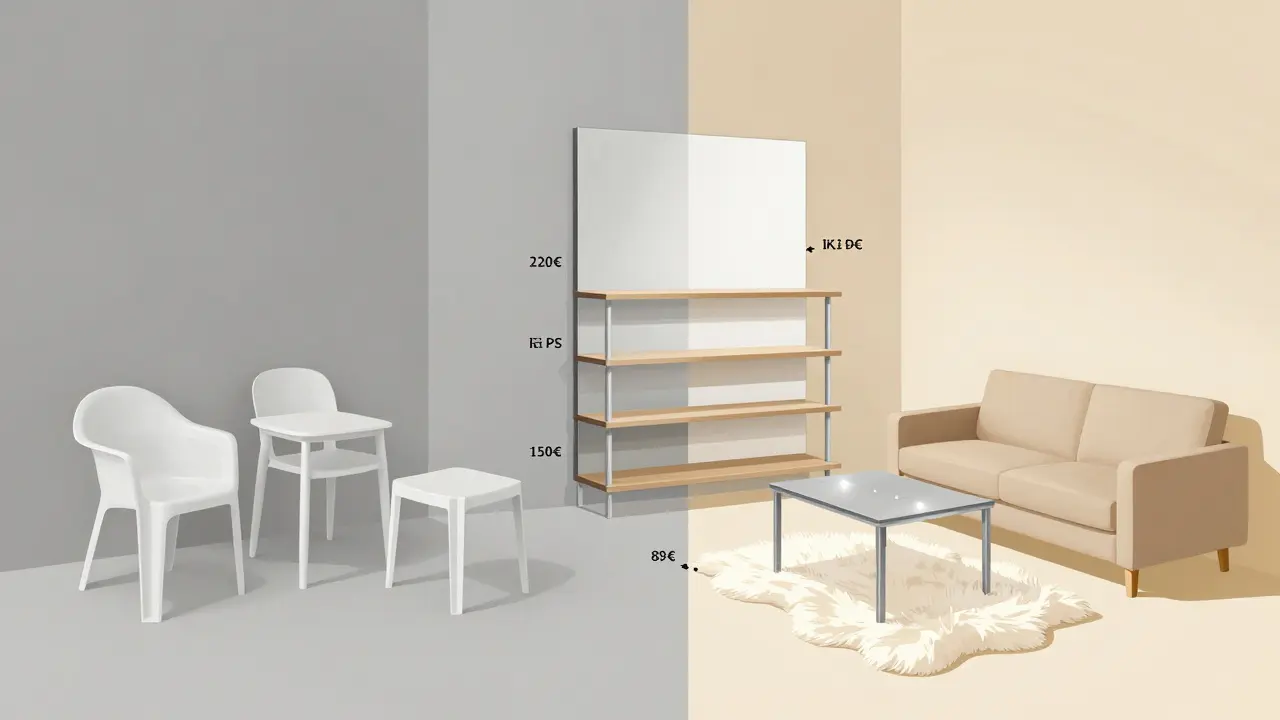 Vergleich: Einfaches, dunkles Wohnzimmer links und aufgewertetes Budget-Wohnzimmer rechts mit Spiegel, LED-Licht und IKEA-Möbeln.