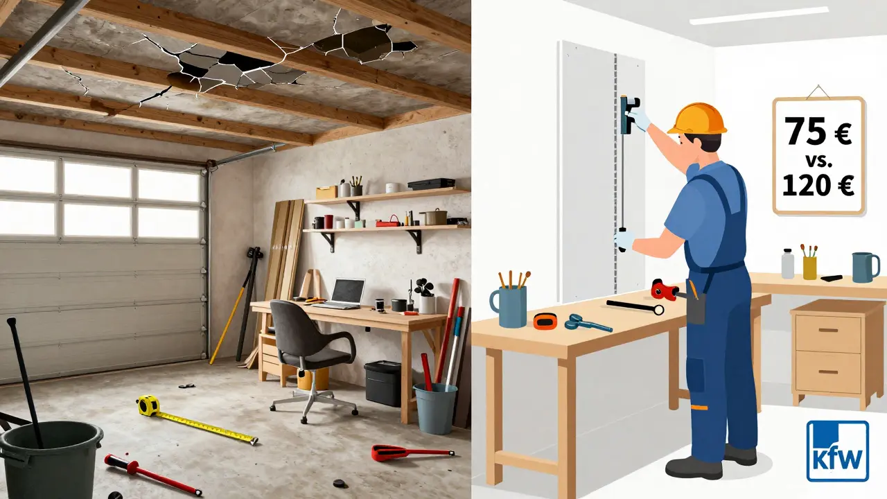 Vergleich zweier Arbeitsplätze: links ein chaotischer DIY-Bereich mit Schimmel, rechts ein professionell ausgestatteter Raum mit WDVS-Installation.