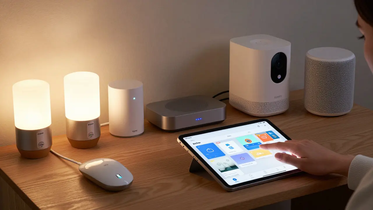 Verschiedene Smart-Home-Geräte, die über einen Matter-Hub mit einer iPad-App gesteuert werden.