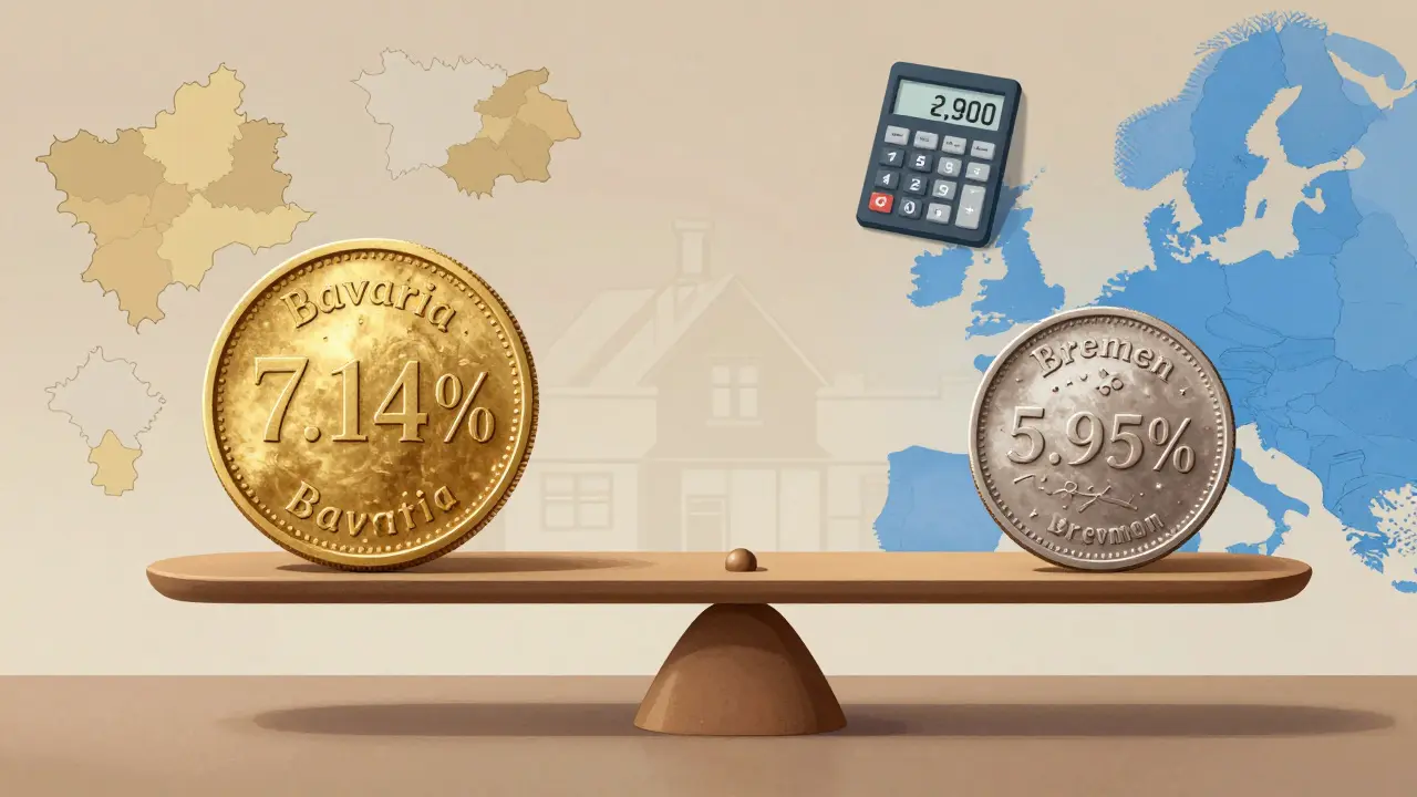 Waage mit zwei Goldmünzen, die unterschiedliche Maklerkosten in Bayern und Bremen symbolisieren.