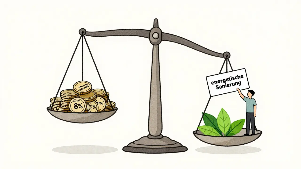 Waage: teurer Sanierungskredit vs. günstiger Kredit mit KfW-Förderung und klarem Verwendungszweck 'energetische Sanierung'.