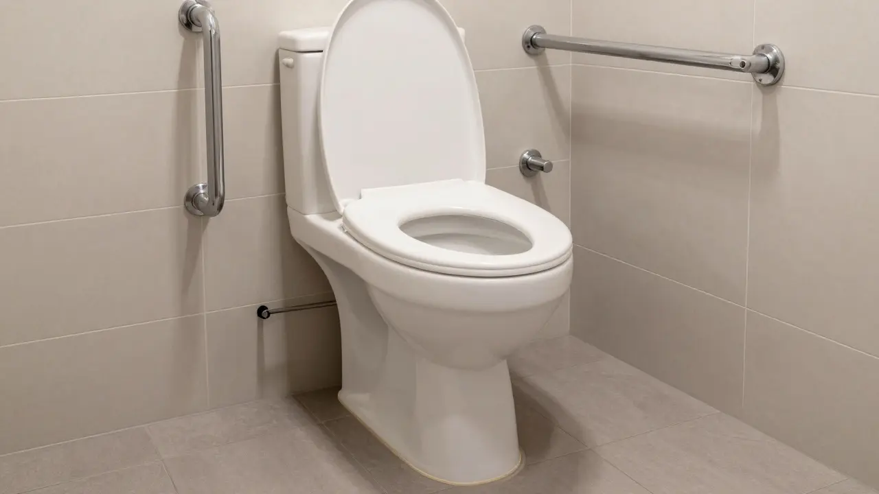 Wandhängende Toilette mit Haltegriffen für sicheren Halt