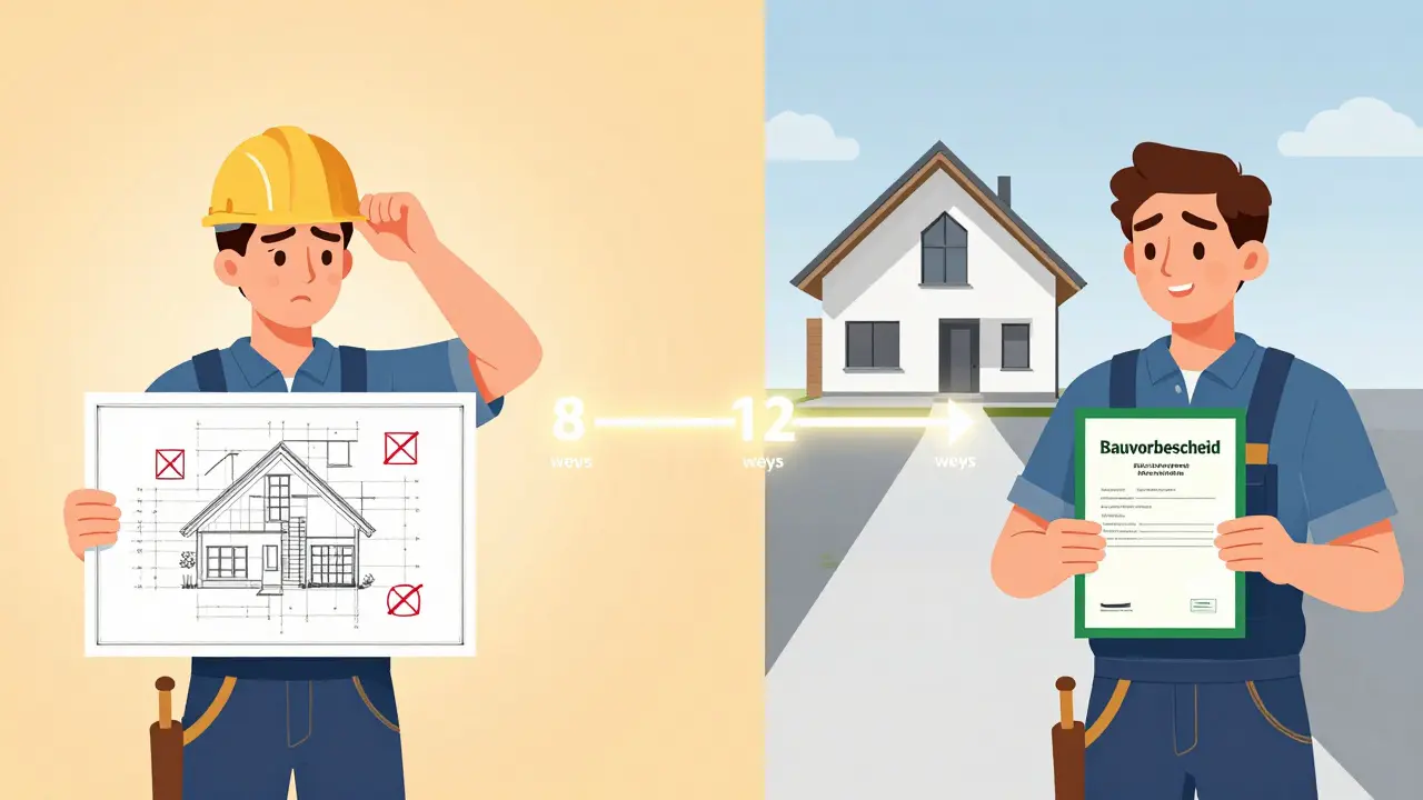 Zwei Szenen: links ein abgelehnter Bauantrag, rechts ein genehmigter Bauvorbescheid mit Baustelle dahinter.