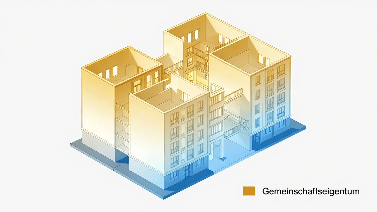 3D-Querschnitt eines Gebäudes mit farblicher Trennung von Sonder- und Gemeinschaftseigentum.
