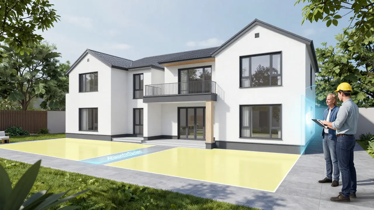 3D-Visualisierung eines Bauvorhabens zur Veranschaulichung der Abstandsflächen für einen Nachbarn.