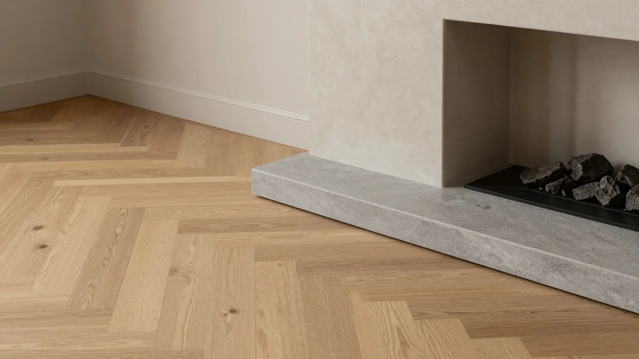 Detailaufnahme von hochwertigem Eichenparkett, Naturstein und einem modernen Heizkamin.