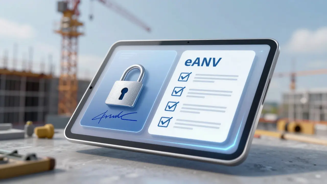 Digitale Tablet-Ansicht mit Sicherheitszertifikaten für elektronische Abfallnachweise.