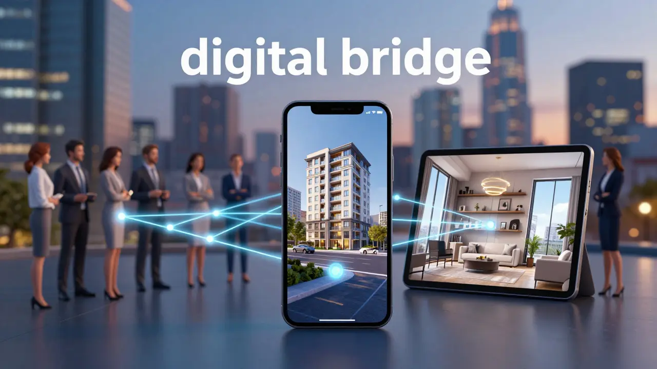 Digitale Vermarktung einer Immobilie via Tablet und Smartphone mit Interessenten.
