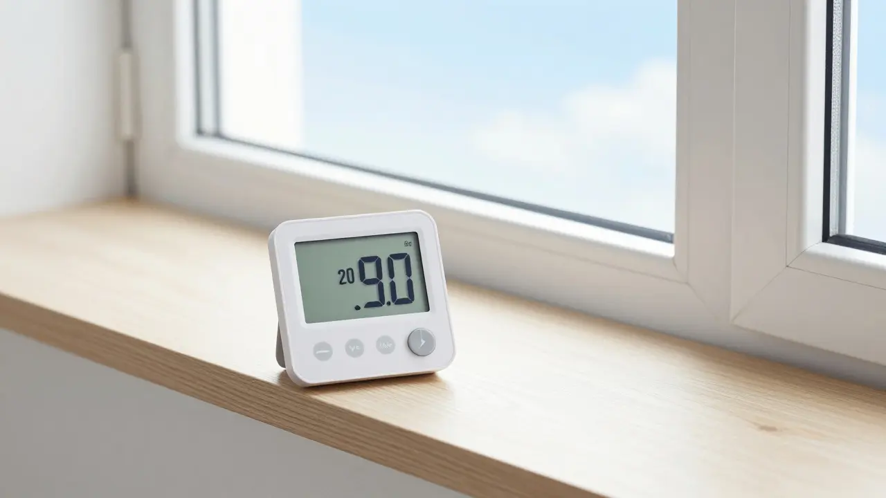 Digitales Hygrometer zur Überwachung der Luftfeuchtigkeit bei offenem Fenster.