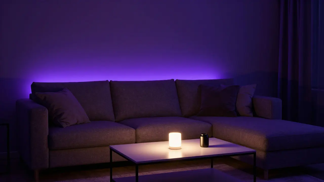 Ein gemütliches Wohnzimmer mit atmosphärischer, farbiger Beleuchtung für einen Filmabend.