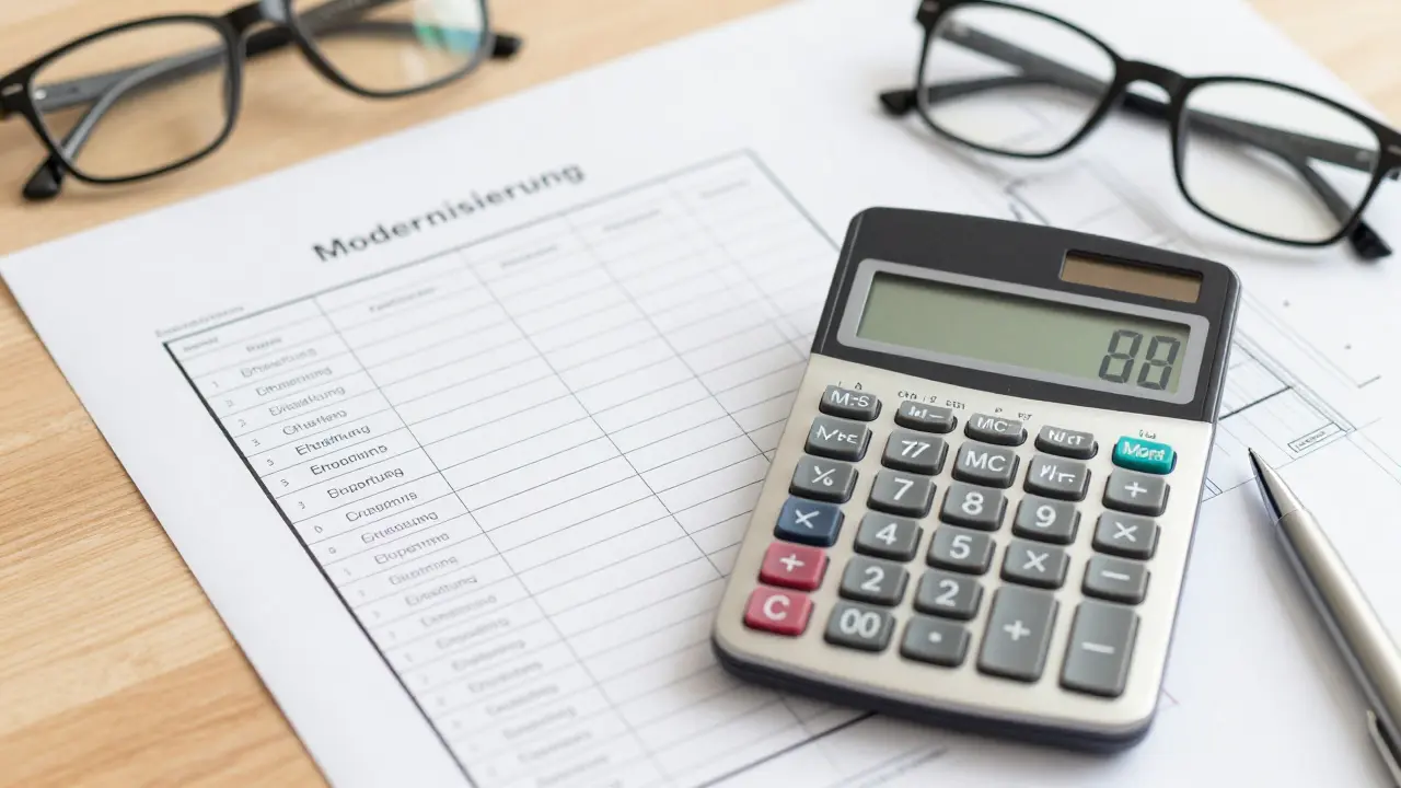 Ein Taschenrechner und Dokumente zur Berechnung der Modernisierungsumlage.