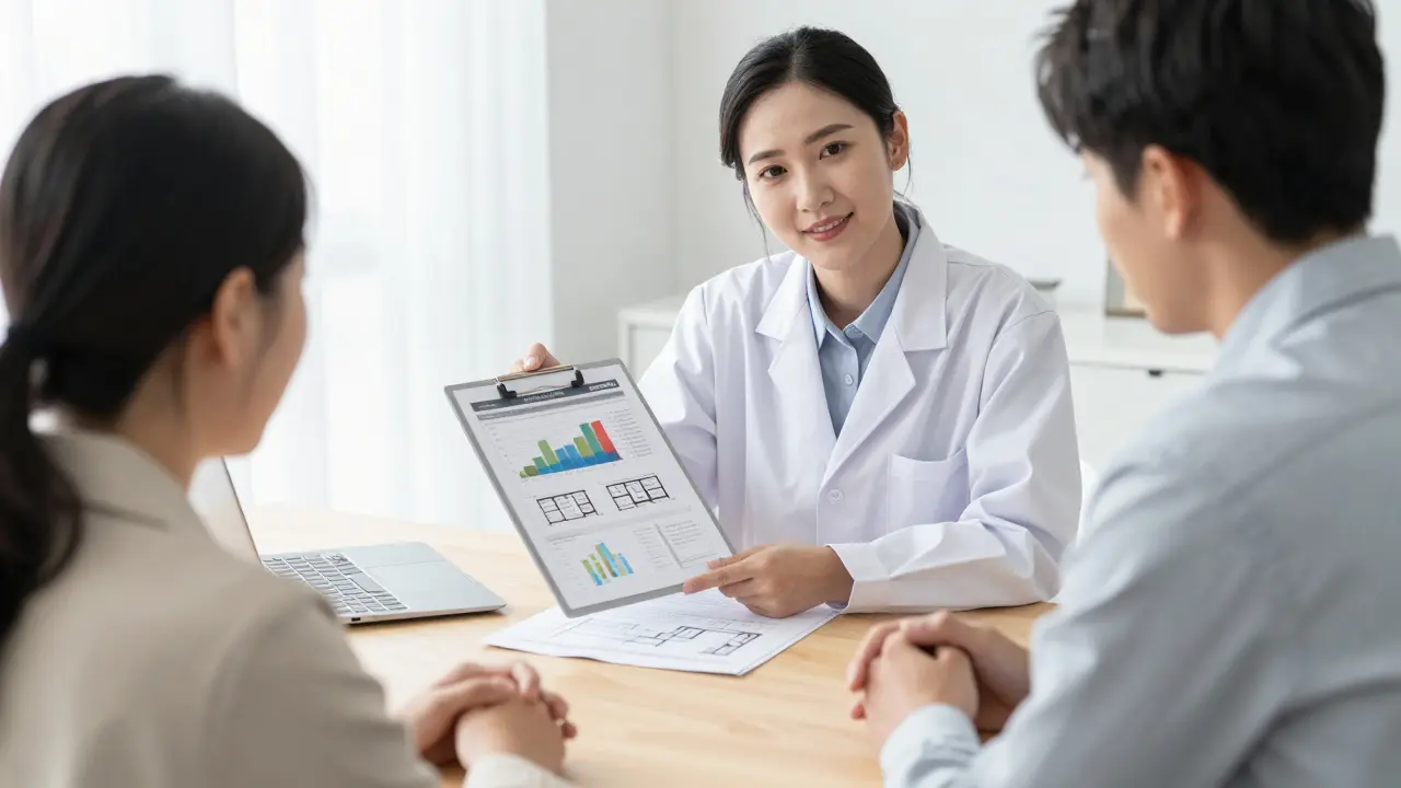 Ein zertifizierter Gutachter berät ein Paar zu einer Immobilienbewertung.