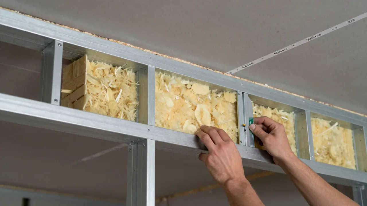 Einbau von Mineralwolle in ein Metallprofil-Gerüst für den Schallschutz im Trockenbau.