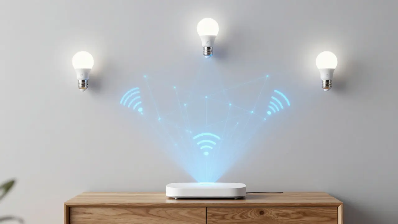 Eine Smart-Home-Bridge, die drahtlose Signale an intelligente Lampen sendet.