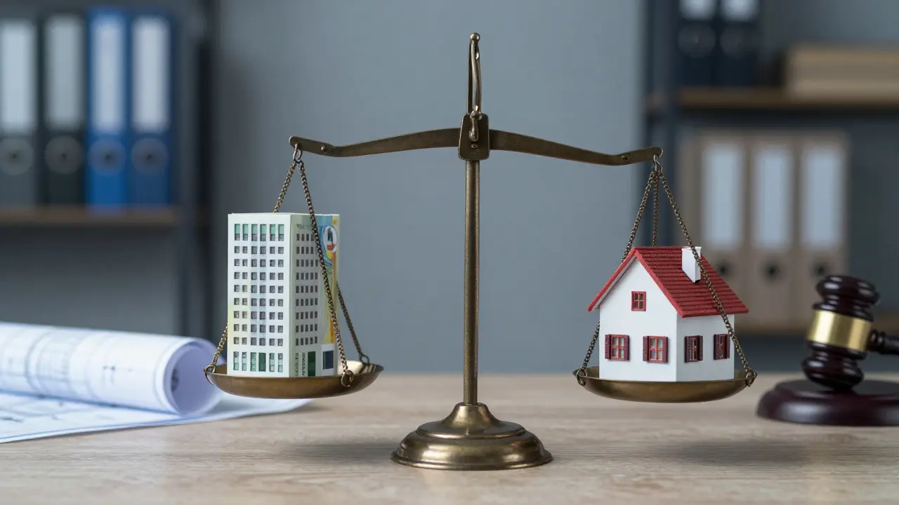 Eine Waage mit Geld und einem Hausmodell symbolisiert das Mietrecht.