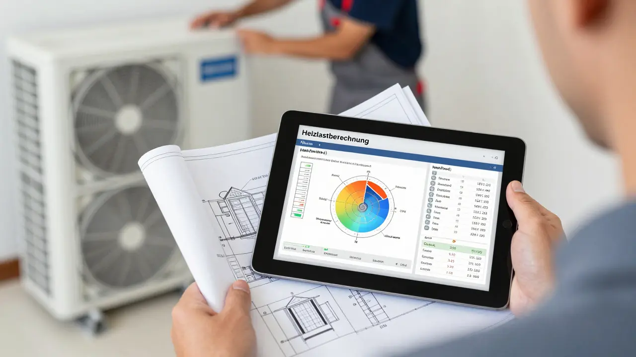 Energieberater prüft Heizlastberechnung auf einem Tablet vor einer Wärmepumpen-Installation.
