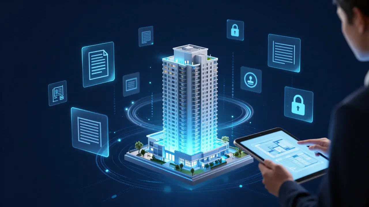 Futuristische Darstellung einer digitalen Immobilienakte mit KI- und Blockchain-Elementen.