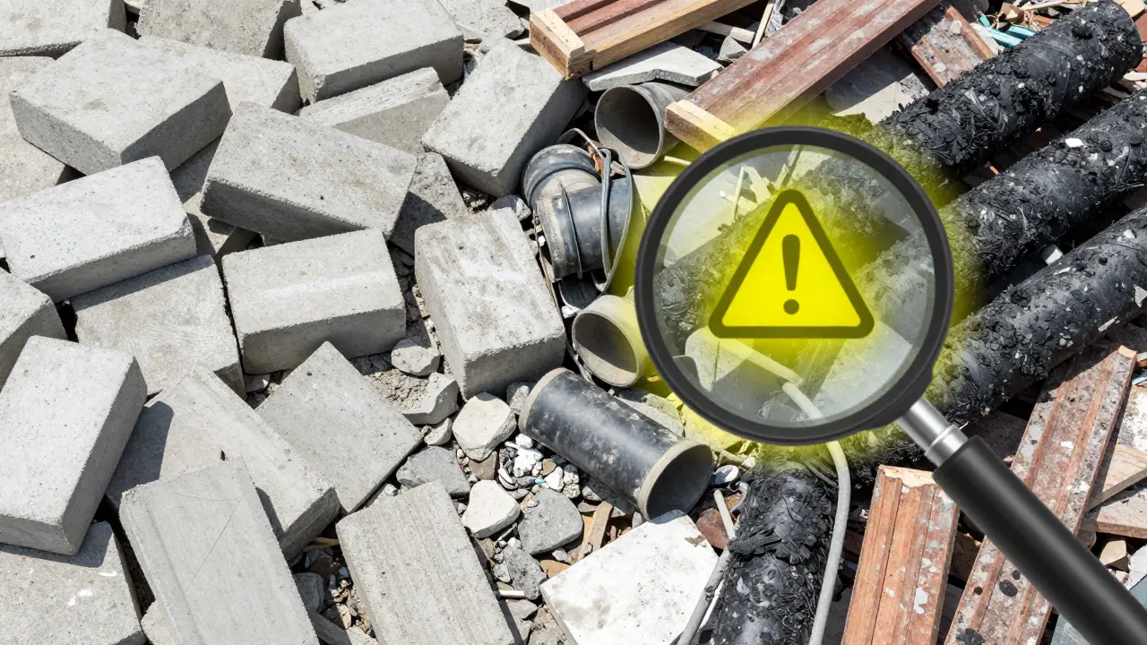 Gegenüberstellung von harmlosem Bauschutt und gefährlichen Asbestmaterialien.