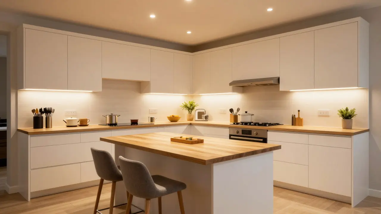 Großzügige U-förmige Küche mit integrierter Halbinsel und Barhockern.