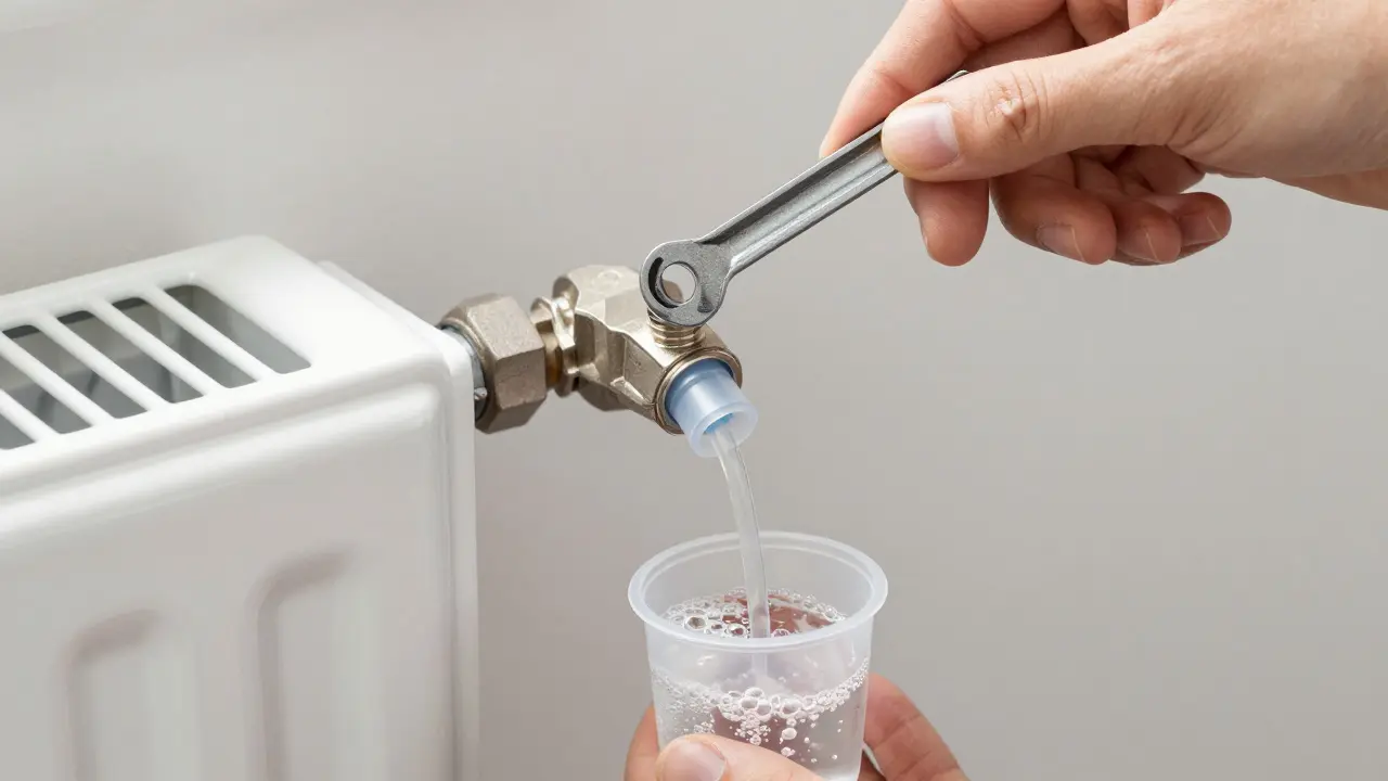 Hand entlüftet einen Heizkörper mit einem speziellen Schlüssel und Schlauch.