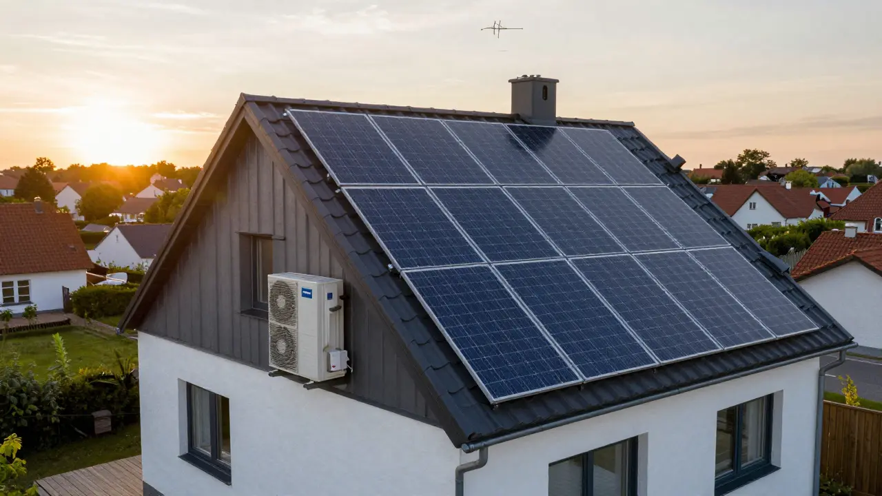 Haus mit installierter Wärmepumpe und Photovoltaik-Anlage auf dem Dach.