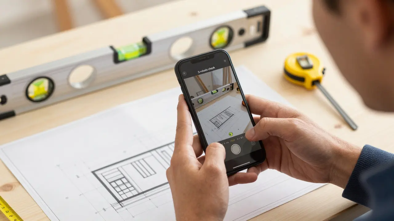 Heimwerker prüft Baufortschritt mit Smartphone und Plan.