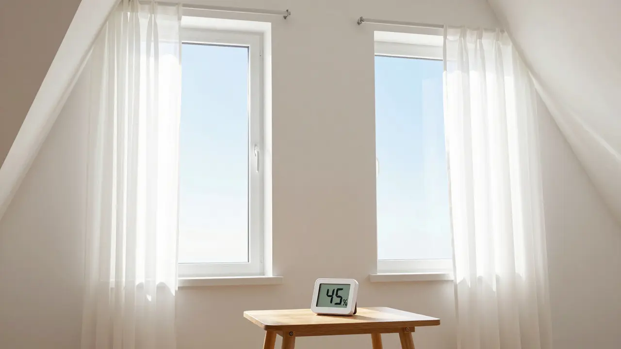 Heller Dachboden mit offenen Fenstern zum Querlüften und einem Hygrometer