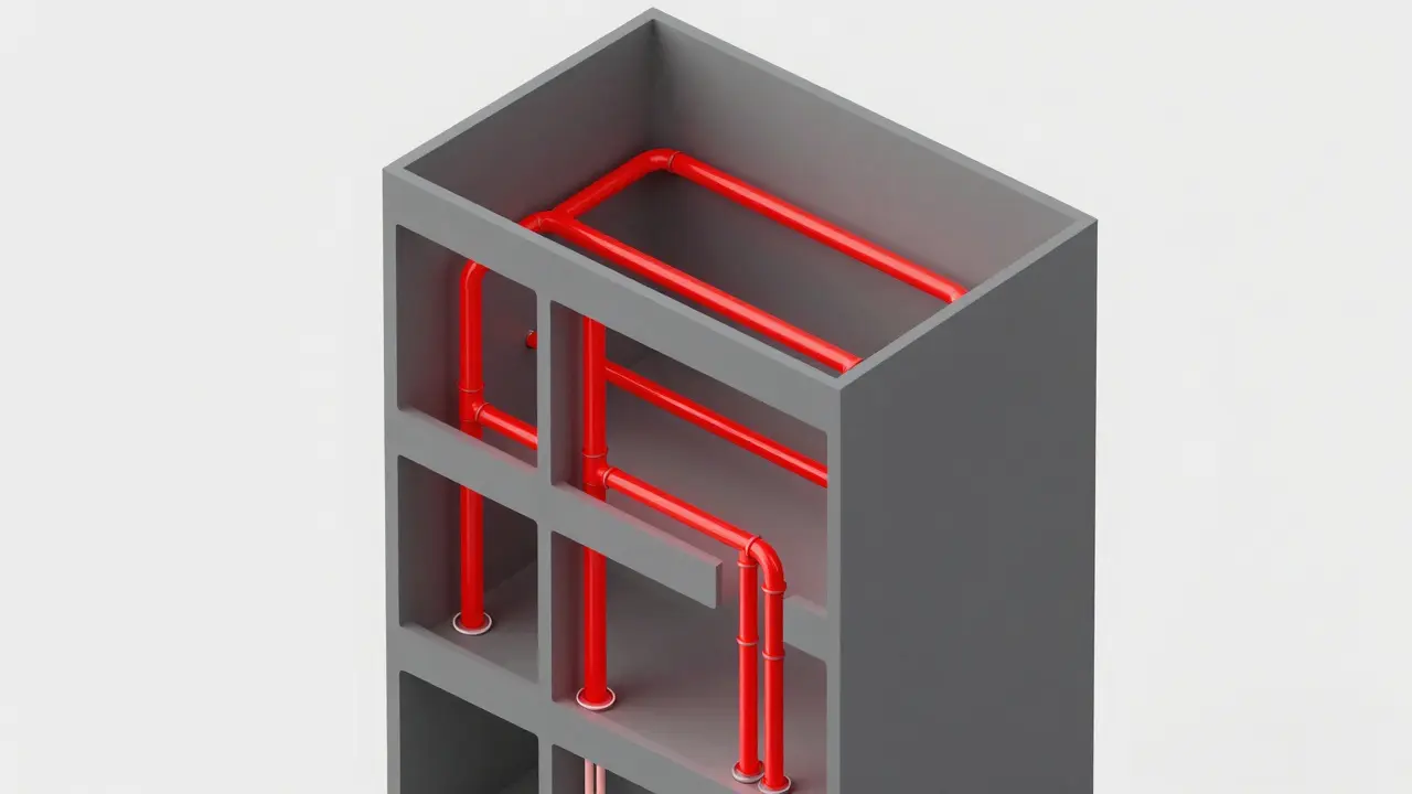 Isometrische Darstellung des Warmwasserflusses in einem mehrstöckigen Haus.
