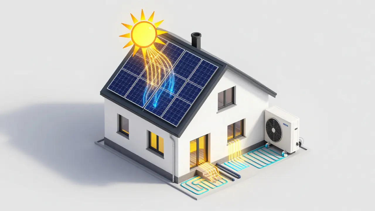 Isometrische Darstellung eines Hauses mit Photovoltaik und Wärmepumpe für effiziente Heizung.