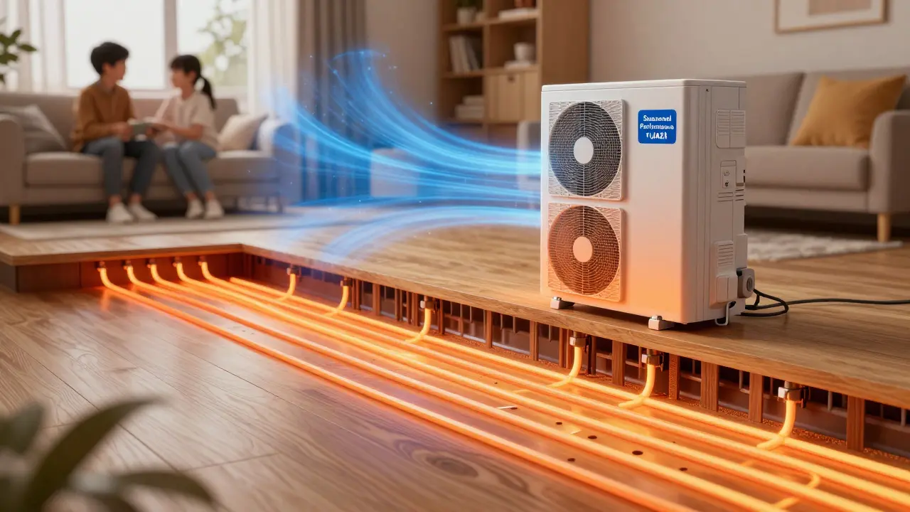 Konzeptdarstellung einer Fußbodenheizung und dem Wärmetransport einer Wärmepumpe.