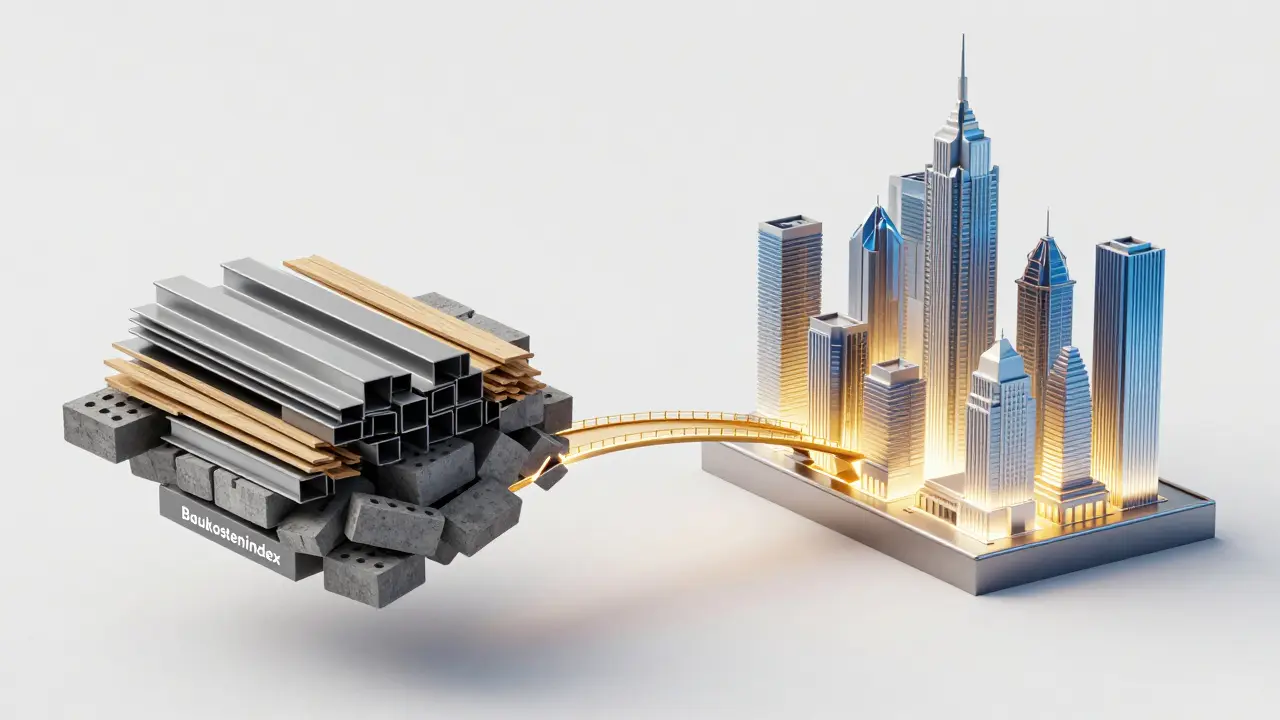 Konzeptionelle Darstellung des Zusammenhangs zwischen Baukosten und Immobilienwerten.