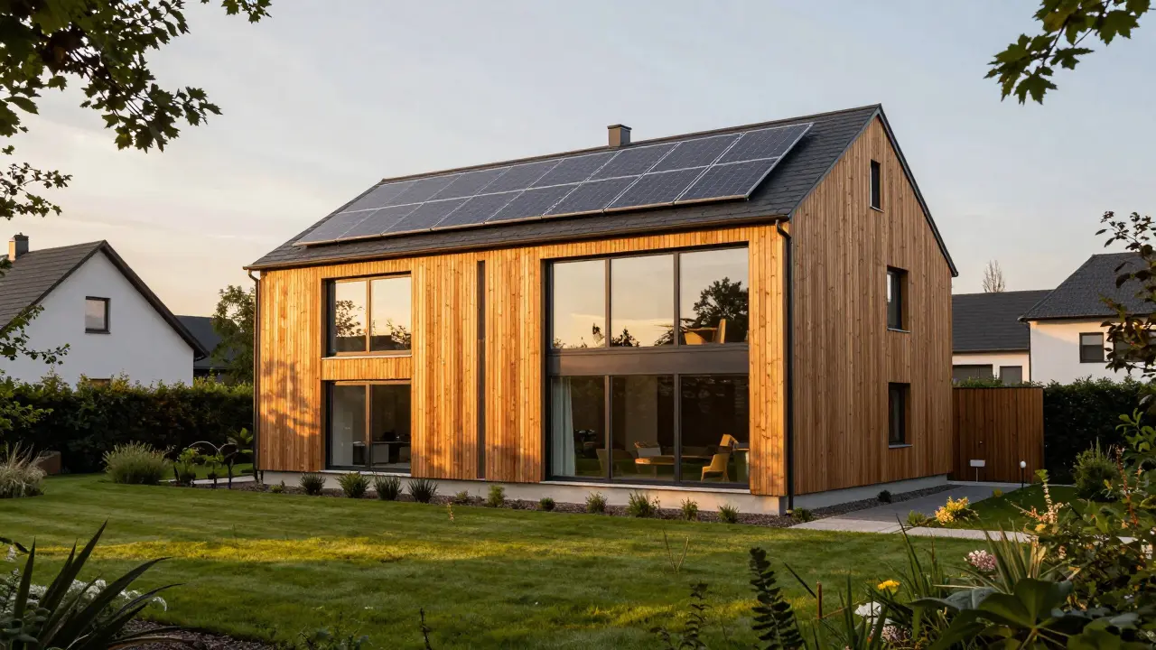 Modernes, energieeffizientes Einfamilienhaus mit Solaranlage bei Sonnenuntergang.