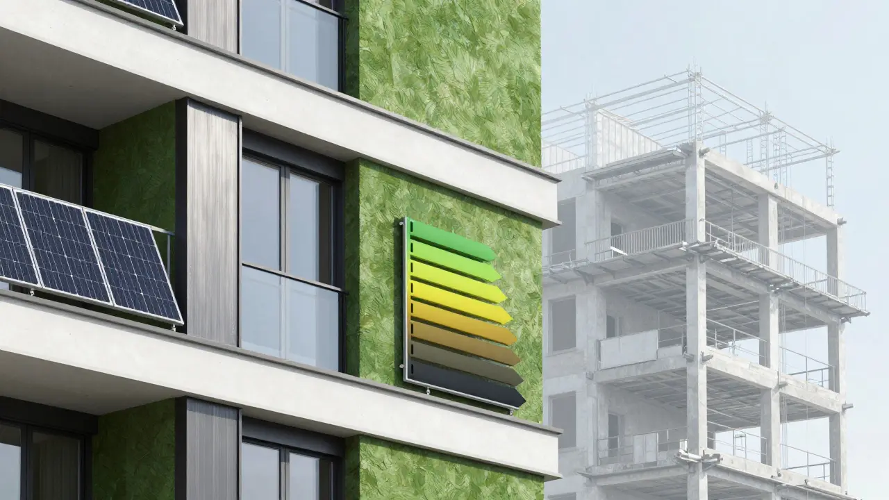 Modernes, energieeffizientes Gebäude mit Solarpaneelen als Symbol für nachhaltiges Investment.