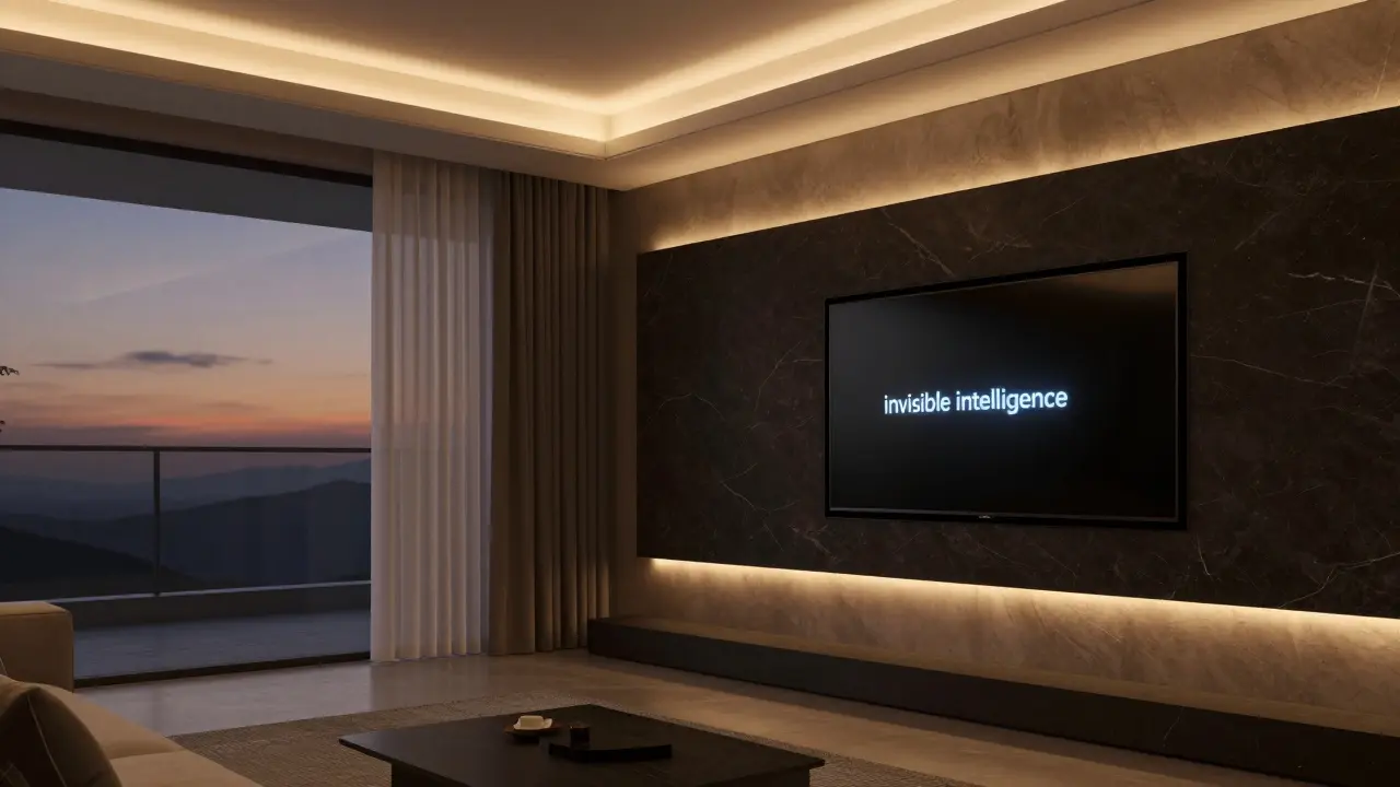 Modernes Wohnzimmer mit smarter Steuerung, automatischen Vorhängen und indirekter Beleuchtung.