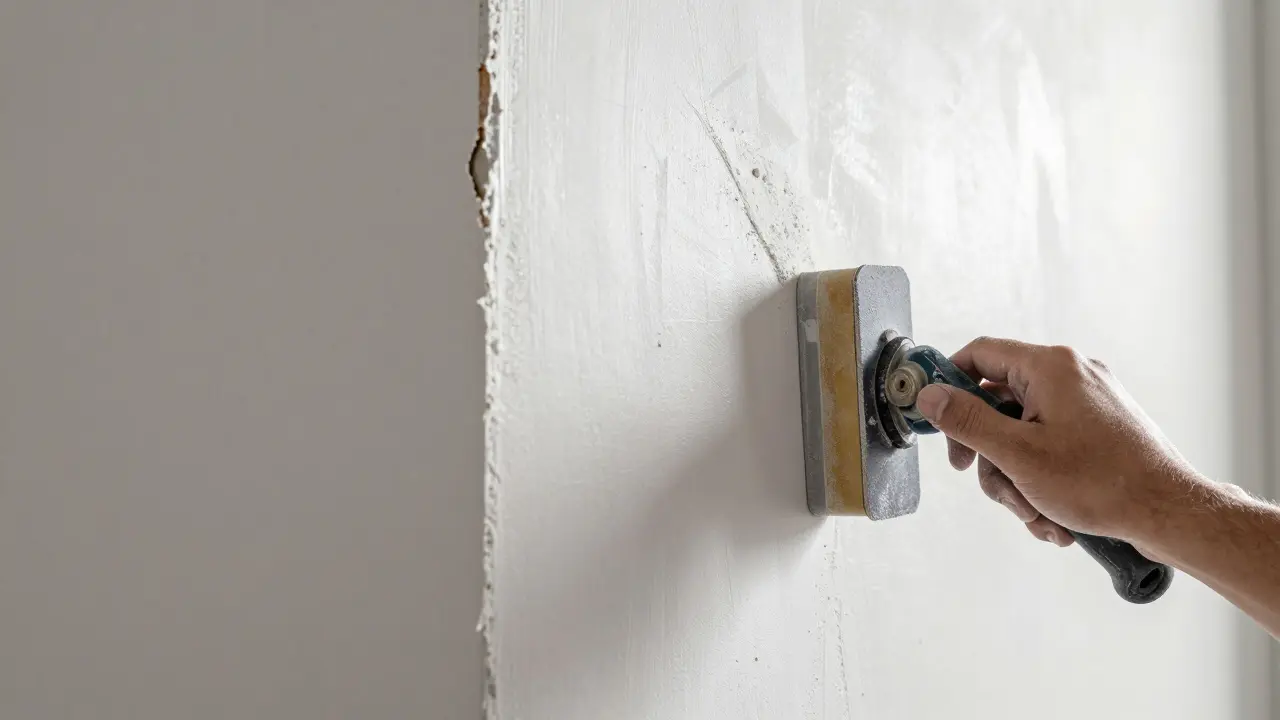 Nahaufnahme einer perfekt verspachtelten und glatt geschliffenen Gipskartonwand.