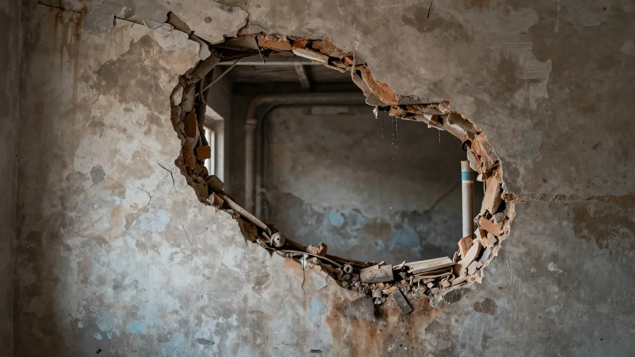 Offene Hauswand mit sichtbaren Feuchtigkeitsschäden und alten Rohren