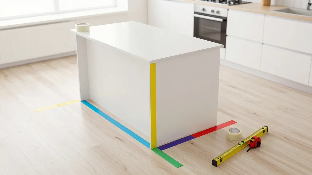 Planung einer Küche mit Markierungen aus Malerkrepp auf dem Boden.