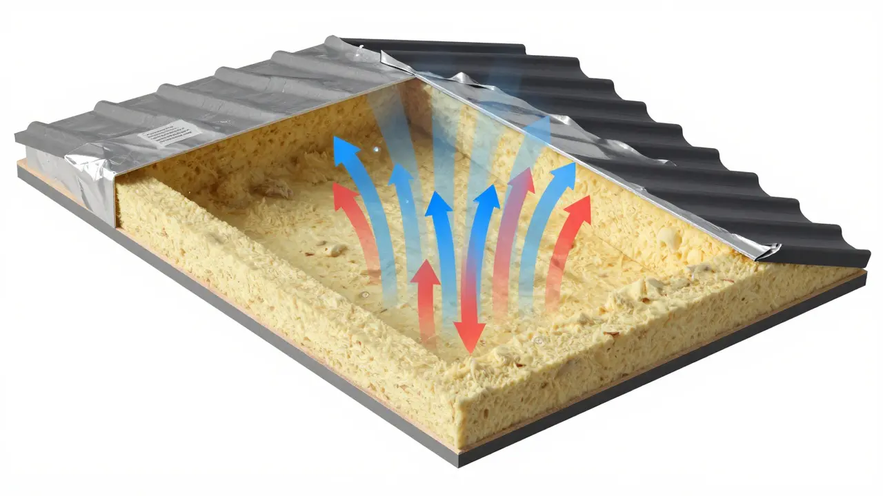 Technische Darstellung einer Dachdämmung mit Kondenswasserbildung in der Wolle